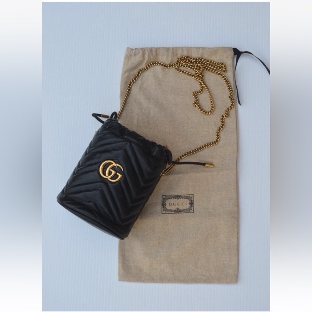 Gucci Calfskin Matelasse Mini Gg Black Marmont Bucket Bag